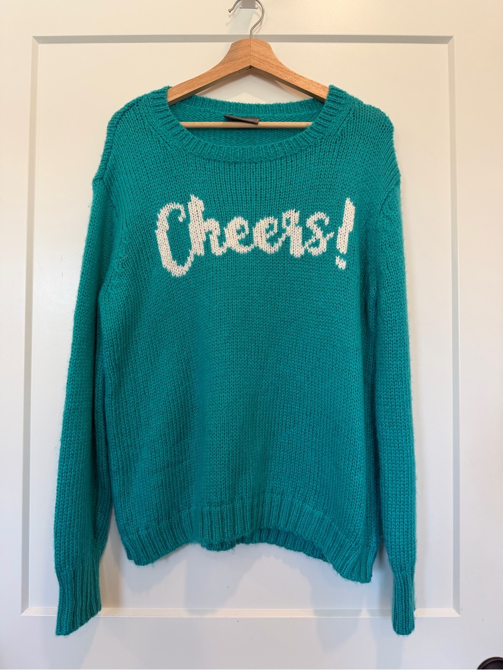 Wooden Ships Cheers! Sweater Teal Wool Mohair Relaxed Fit Novelty New Years S/M